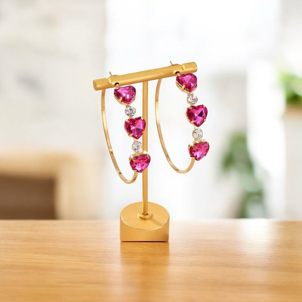 Pink Heart Rhinestone Hoop Earrings – Gold Tone